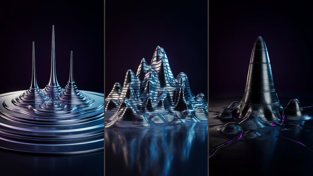 Three abstract metallic structures featuring sharp spikes, flowing wave forms, and a smooth conical shape on a dark reflective liquid surface