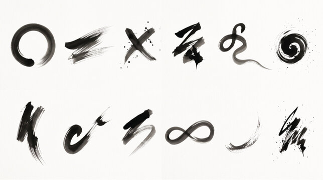 Set of black ink brush strokes and abstract shapes isolated on white background