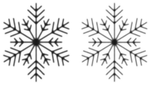 Monochrome halftone dotted snowflake icon set. Abstract winter ice crystal symbol with fading dot gradient pattern. Black and white geometric Christmas ornament background vector design illustration.