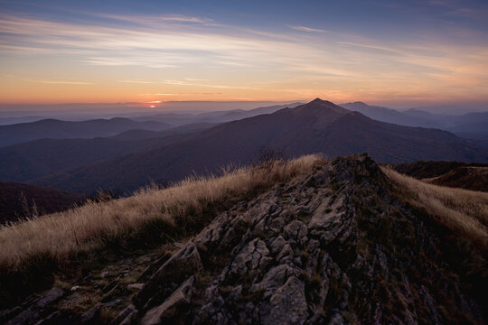 Autumn sunset landscapes in Bieszczady Mountains, Poland
