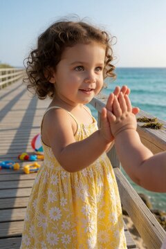 A young toddler in a yellow sleeveless dress with white embroidered daisy patterns claps hands with an adult on a weathered wooden pier overlooking a calm turquoise ocean.