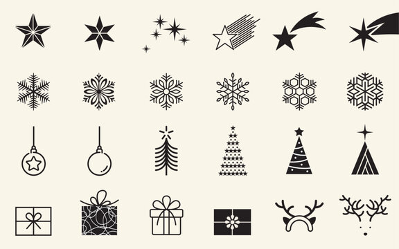 Vector icon set of minimalist black line-art Christmas elements, including stars, shooting comets, detailed snowflakes, hanging baubles, pine trees, gift boxes, and reindeer antlers.