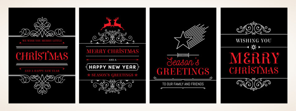 Vector set of four vintage Christmas greeting card templates on black backgrounds, featuring elegant red and white typography, ornate flourishes, leaping reindeer, and a shooting star.
