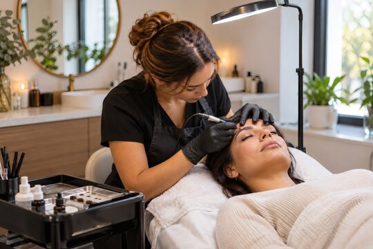 Cosmetologist Performing Eyebrow Microblading