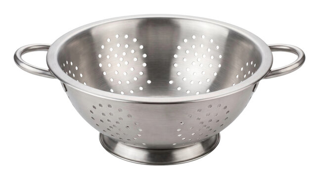 Stainless steel colander with handles on a transparent background