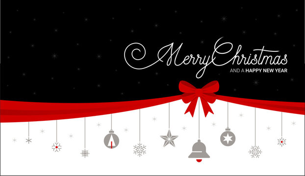 Vector Christmas banner template with a stylish red bow and ribbon separating a black starry sky with white calligraphy from hanging holiday ornaments.
