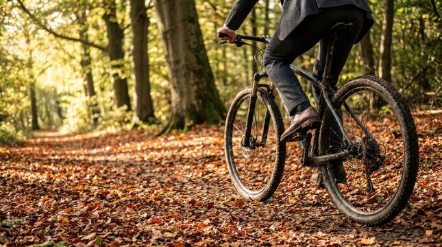 A person in a suit rides a mountain bike on a leaf strewn forest path work life balance