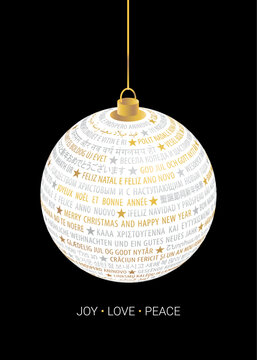 Vector illustration of a hanging Christmas bauble on a black background, filled with "Merry Christmas and Happy New Year" greetings written in multiple international languages.