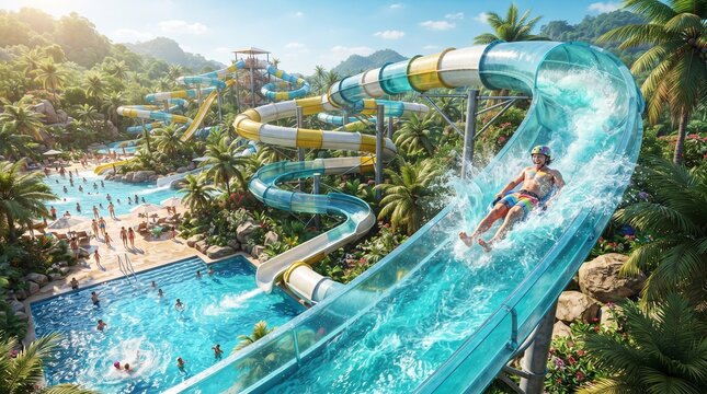 Thrilling Waterslide Adventure: A person joyfully slides down a steep, twisting waterslide at a tropical water park, surrounded by lush palm trees and sparkling blue pools.