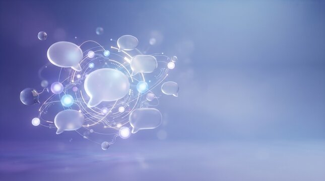 Communication Network: Abstract representation of digital communication with floating speech bubbles interconnected by glowing lines.