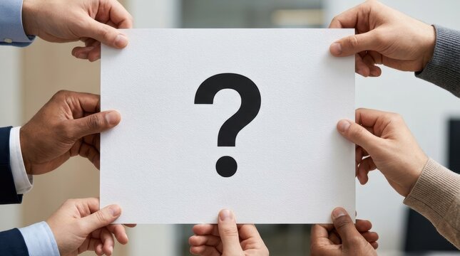 Diverse hands hold a white paper with a large black question mark symbol work life balance