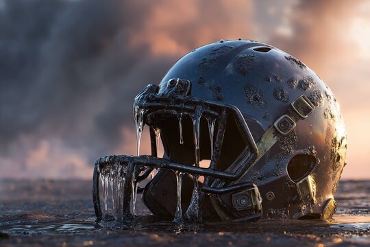 melted football helmet in post-apocalyptic setting