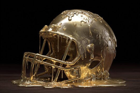melted golden football helmet in fantasy world
