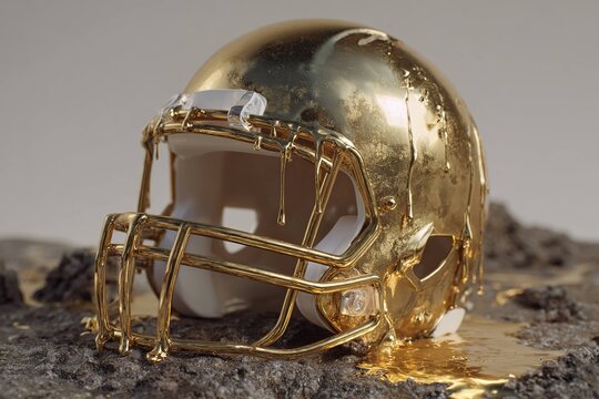melted golden football helmet in fantasy world