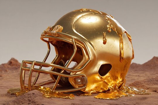melted golden football helmet in fantasy world