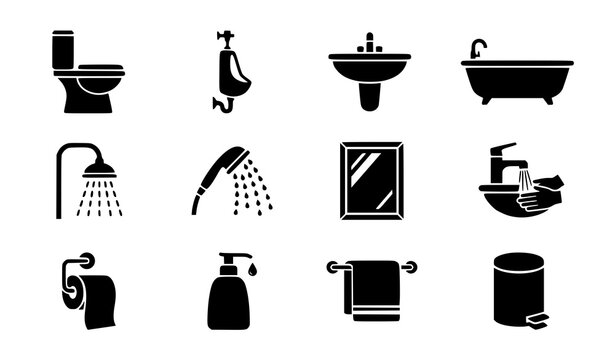 Black Bathroom and Restroom Silhouette Icons, Toilet Shower and Sink Vector Set
