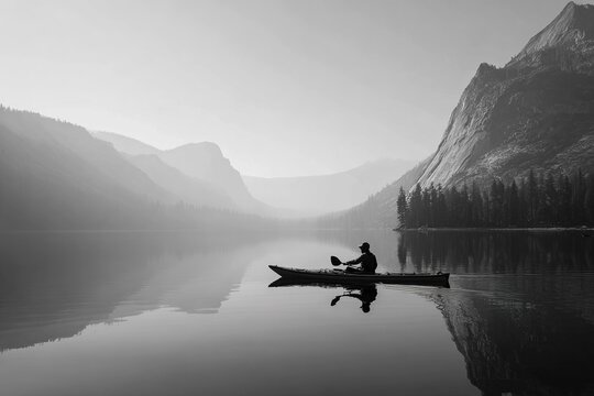 peaceful reflection of kayaker on still water