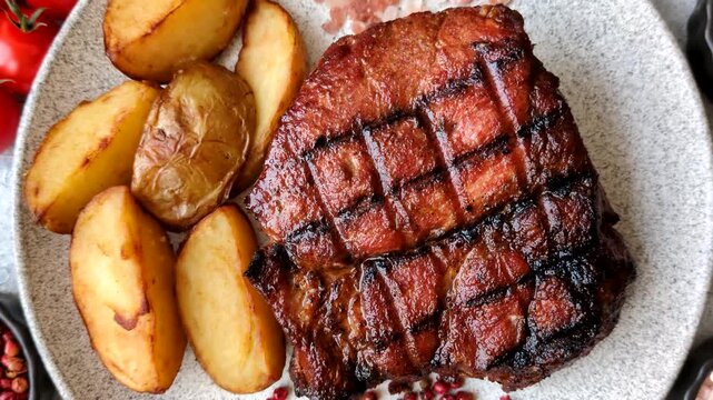 Juicy grilled beef steak seasoned with salt, spices, and herbs. Beef steak as a food background for your design