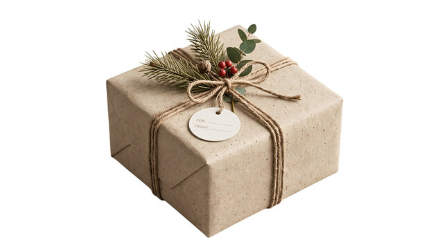 Package wrapped neatly in brown craft paper features a decorative ribbon bow and pine foliage.