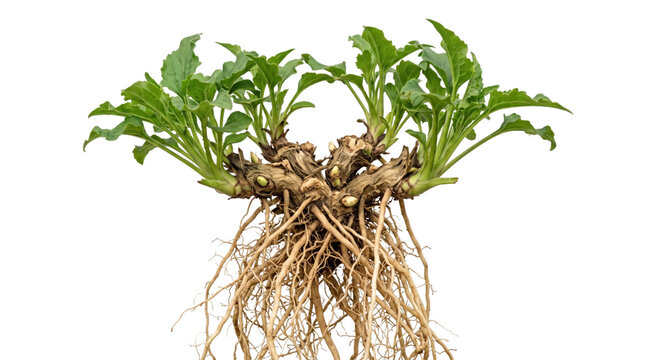 Dandelion roots and green leaves on a transparent background