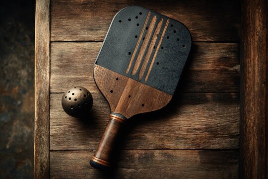 pickleball paddle on wooden table with vintage ball