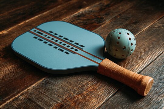 pickleball paddle on wooden table with vintage ball