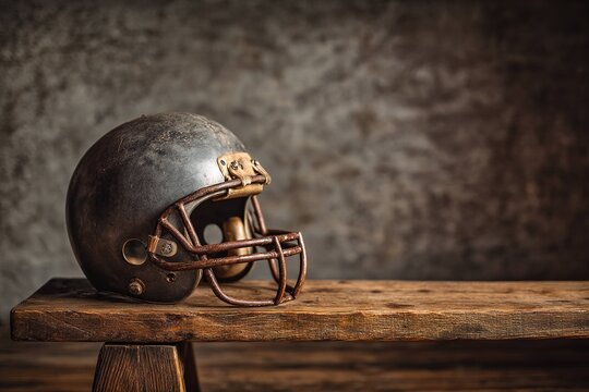 retro 1980s football helmet on wooden bench