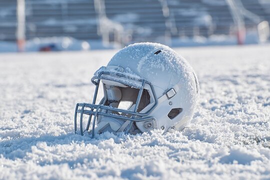 snow-covered football helmet on icy field