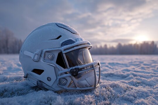 snow-covered football helmet on icy field