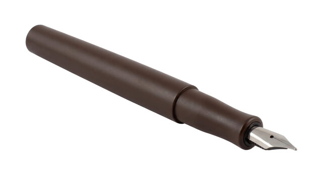 Elegant brown fountain pen with silver nib on a transparent background