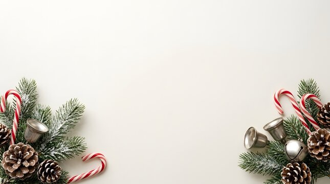 A festive christmas scene with pine branches candy canes and natural pinecones for holiday cheer