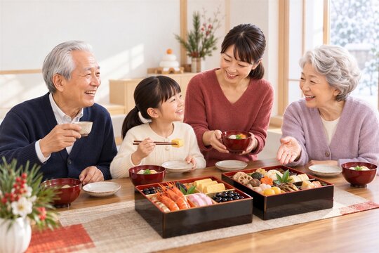 自宅でおせち料理と雑煮を楽しむ日本人の三世代家族