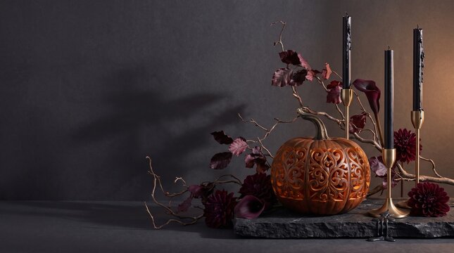 Gothic autumn still life with ornate carved pumpkin, black taper candles in gold holders, moody halloween floral decor on dark background