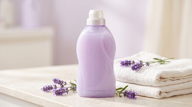 Aromatic lavender fabric softener bottle displayed with fresh blossoms and soft white towels, symbolizing a gentle and clean laundry experience for pristine garments and a serene home