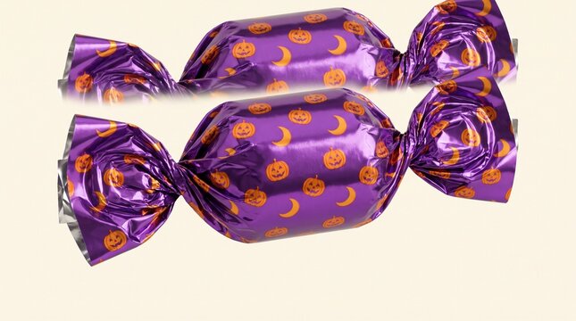 A single individually wrapped Halloween hard candy in a glossy purple wrapper decorated with tiny orange pumpkins and crescent moons, twisted wrapper ends, realistic crinkled foil texture, vivid seaso