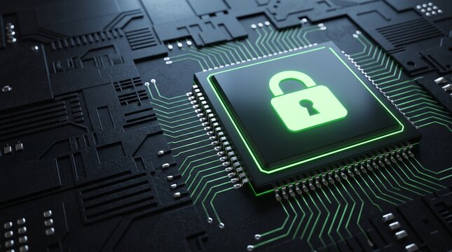 Cybersecurity lock icon glowing on a dark circuit board microchip