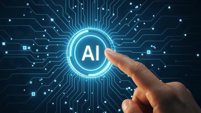 Finger touching glowing AI circular button at center of radiating motherboard circuit lines