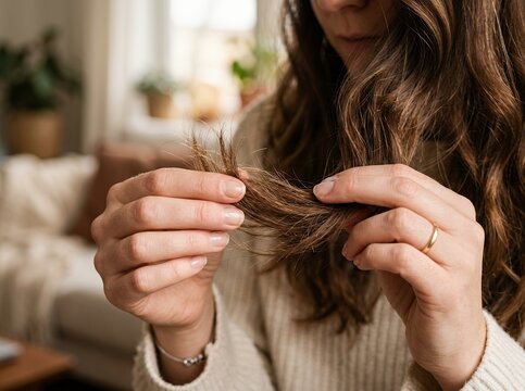Woman examining split ends of her long brown hair indoors.