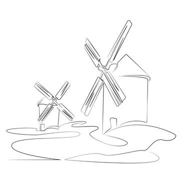 One continuous single drawing line art flat doodle windmill, mill, flour, old, building, wind, agriculture, architecture, rural, traditional. Isolated image hand draw contour on a white background, ha