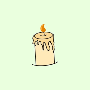 Cute graphic illustration of a burning wax candle with dripping wax and flame. Ideal decorative design element for relaxation, spa, interior, and mobile app UI design.