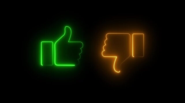 Neon thumbs up and thumbs down icons glowing on black background, social media like and dislike concept for digital marketing and user feedback analysis