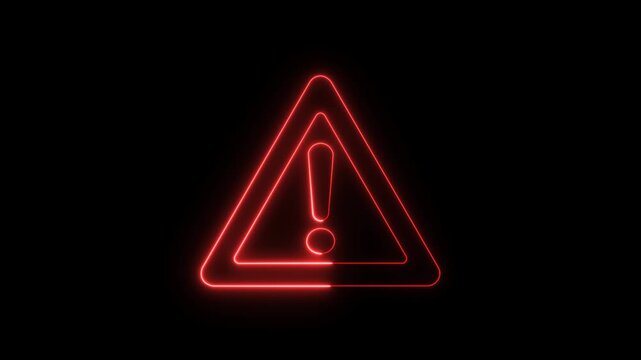 Animated red glowing neon warning icon, exclamation mark triangle alert graphic, isolated video overlay element