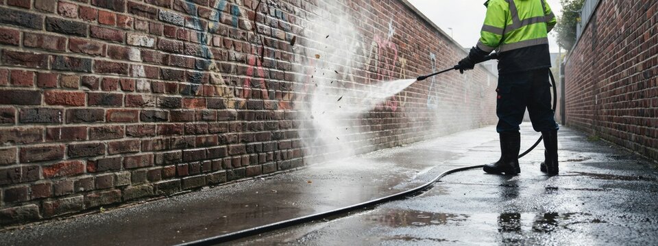 Maintenance worker in fluorescent yellow jacket cleans graffiti from old red brick wall using powerful water jet stream.