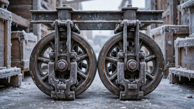 Frozen industrial train wheels in snowy yard