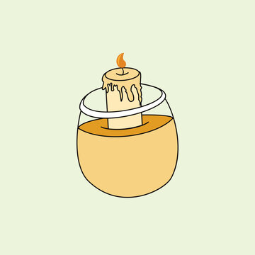 Cute graphic illustration of a burning wax candle placed inside a glass cup. Ideal decorative design element for relaxation, spa, interior, and app UI design.