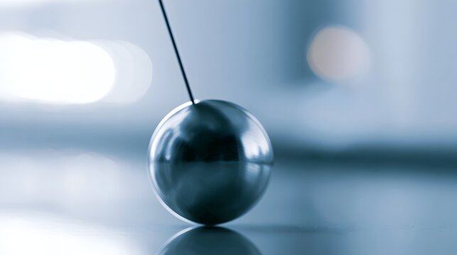 A metallic pendulum ball suspended by a thin rod  resting on a reflective surface with soft blue background bokeh