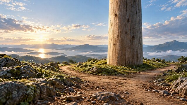 太い木の柱の左右へ分かれる土の道を描いた神話の想像風景