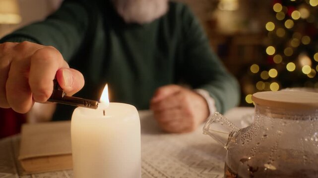 Portrait of senior Caucasian man lighting candle at Christmas table and looking at camera with sad smile. Footage ideal for senior isolation awareness campaigns and holiday charity projects