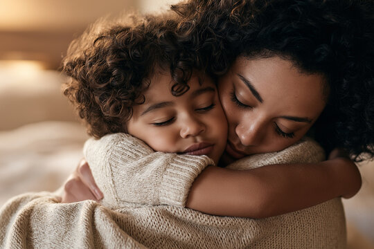 Close-up of a caring mother embracing her tired young child in warm bedroom light, expressing comfort, protection, tenderness and unconditional love