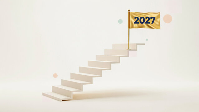 Stairway to the future with the year 2027 on a golden flag.